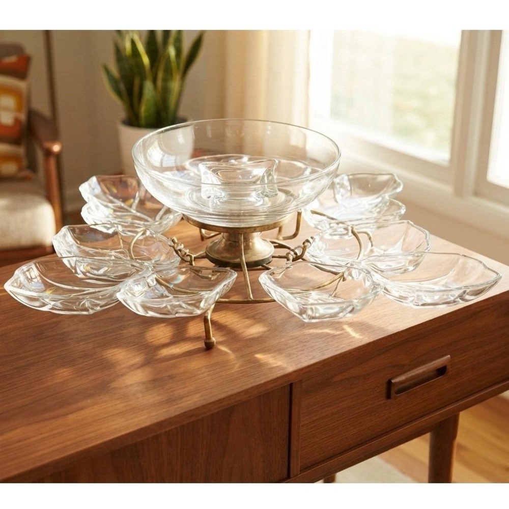 MCM Lazy Susan Anchor Hocking Brass 'n Glass Original Box Full Set Entertaining